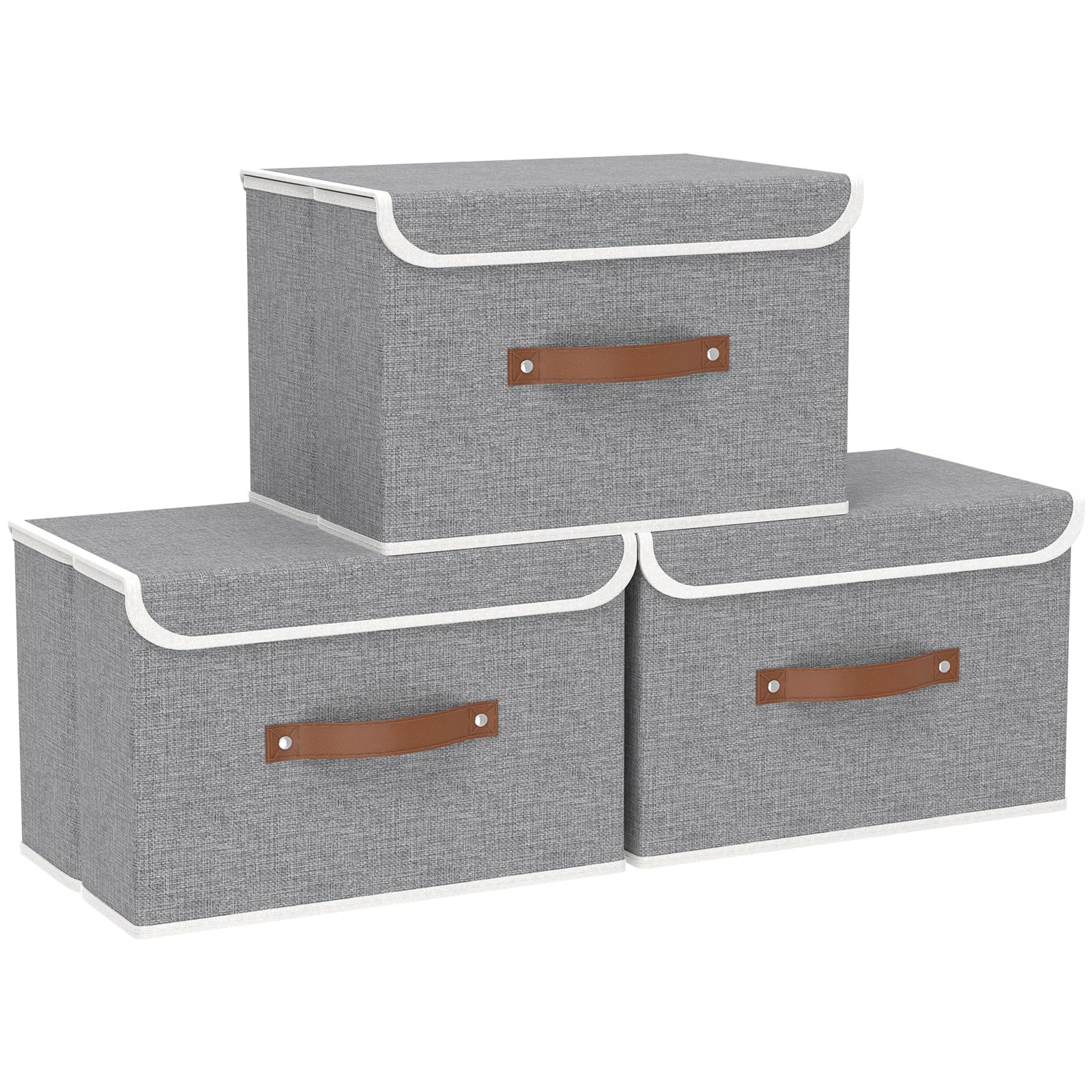 Yawinhe Collapsible Storage Box with Lid, Fabric Bin with Handle, Baskets for Organizing Clothes, 3 Pack, 45x30x30cm, Grey, SNK018GY-L