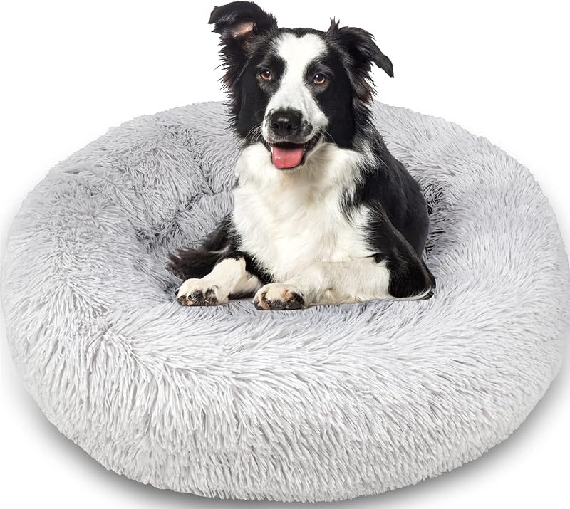 Enjamoy Plush Donut Dog Bed Grey 80cm Calming Round Self-W warming