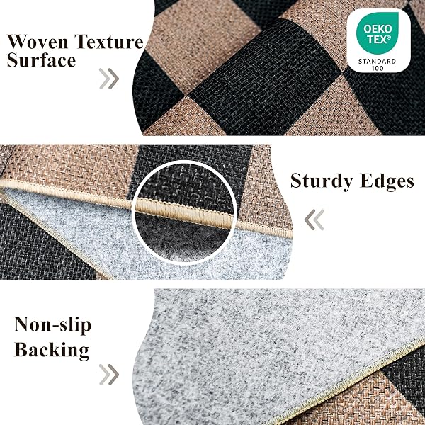 CHECKERED 3X5 NO SHED JUTE RUG: MACHINE WASHABLE NON SLIP RUGS FOR ENTRYWAY FRONT PORCH KITCHEN – DOOR MAT AREA RUG FARMHOUSE NEUTRAL NON SHEDDING – CARPET FOR BEDROOM LIVING ROOM (BLACK,3X5)