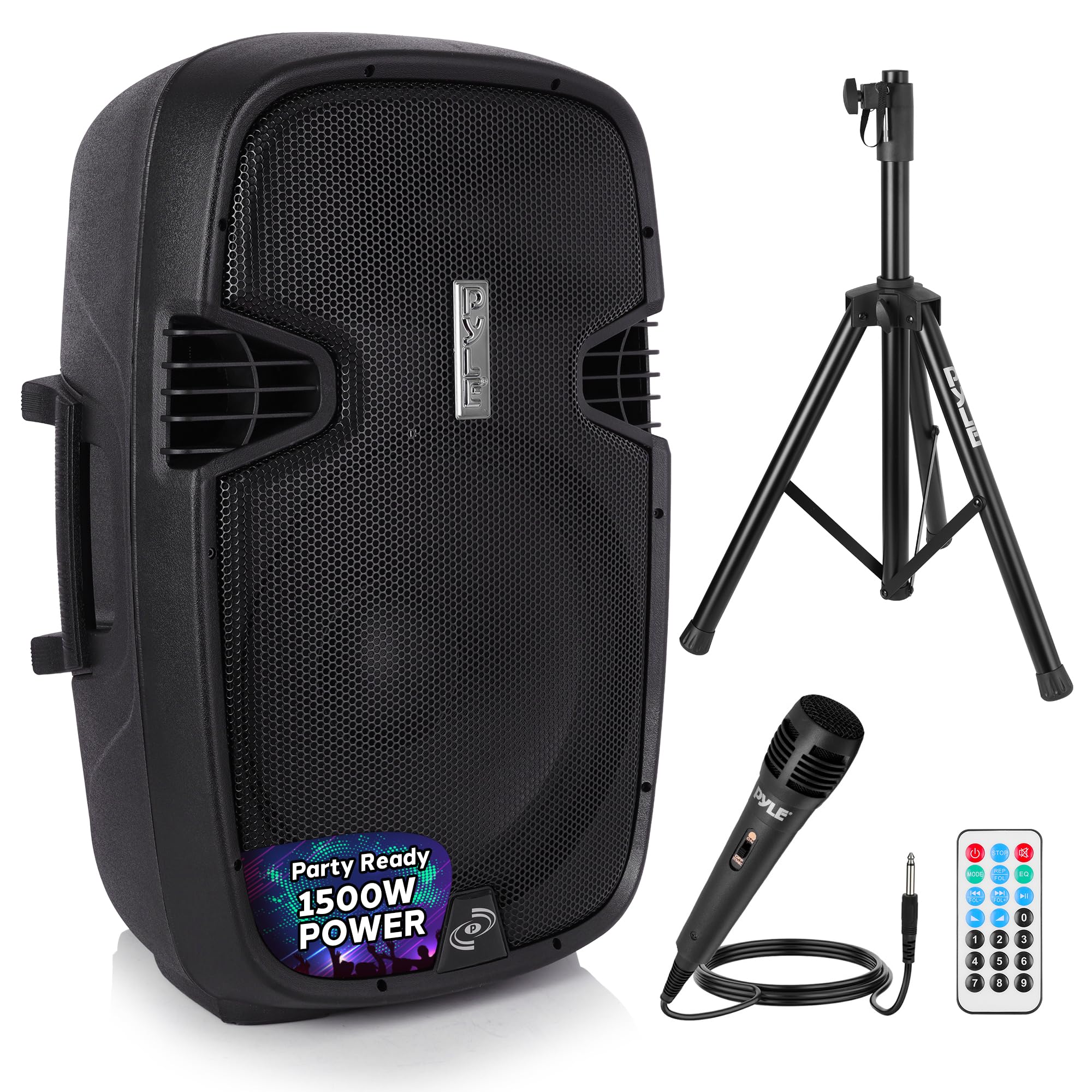 Pyle PPHP155ST Wireless Portable PA Speaker System - 1500W High Powered Bluetooth Compatible Active Outdoor Sound Speakers w/ USB SD MP3 RCA - 35mm Mount, Stand, Microphone, Power Cable, Black, 15"