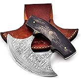 DAMASK HUT Custom Handmade Damascus Steel Ulu Knife - Alaskan Damascus Ulu Knife With Sheath - Multi-Purpose Damascus Alaska Knives For Skinning, Chopping,Rocking, Mincing, Slicing Meat & Herb (Black)