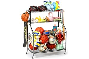 Garage Sports Equipment Organizer, Sports Equipment Storage for Garage with Baskets and Hooks, Rolling Basketball Racks for B