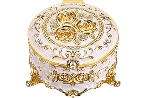 Hipiwe Round Jewery Box Metal Trinket Organizer Decorative Keepsake Box for Trrasure Ring Earring Holder Vintage Jewelry Display Case, Beige, 5.7" L x 5.1" W x 3.5" H