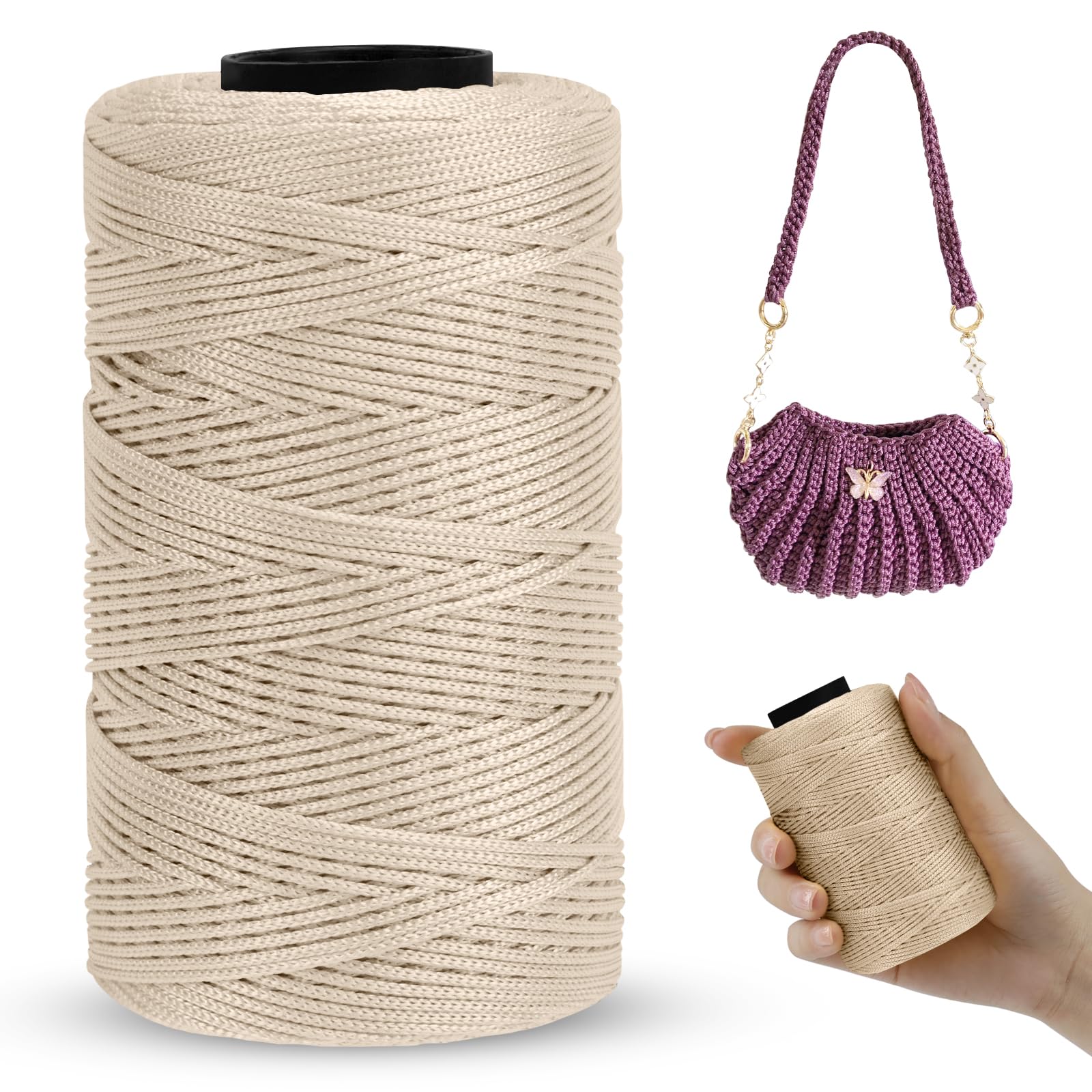 LEREATI Polyester Macrame Cord 1mm x 230m, Polyester Yarn for Crocheting, Braided Polypropylene Crochet Bag Cord Macrame Yarn for Handbag, Beading, DIY Crafts (Khaki White)