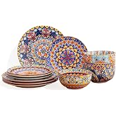 12-Piece Bohemian Porcelain Dinnerware Set for 4, Colorful Plates &amp; Bowls | Ceramic Dish Set for Kitchen, Scratch Resistant, Microwave &amp; Dishwasher, Decorative Tableware for Wall Decor &amp; Housewarming