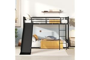 LUSPAZ Twin Over Twin Size Metal Bunk Bed Frame with Slide and Ladder for Kids, Modern Functional Design Bunk Bed, Easy Assembly, No Box Spring Required, for Kid's Room or Dormitory, Black