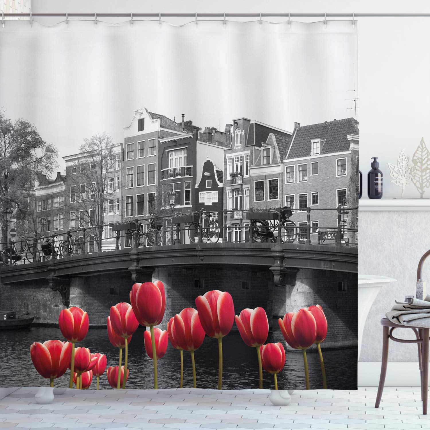 ABAKUHAUS Black and White Shower Curtain, Monochrome Photo of Amsterdam Canal with Red Tulips and Houses, Cloth Fabric Bathroom Decor Set with Hooks, 70 Inches, Black White and Red