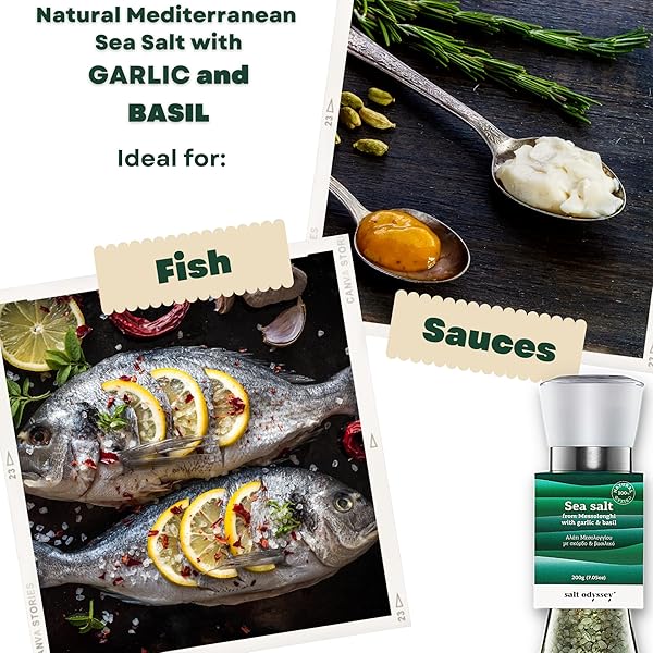 SALT ODYSSEY GRINDER SALT, PURE SEA SALT FOR SEASONING MEAT, FISH AND CHICKEN, 100% NATURAL SEA SALT FROM GREECE, GOURMET SEA SALT WITH GARLIC & BASIL MILL GRINDER (7.05 OZ.)