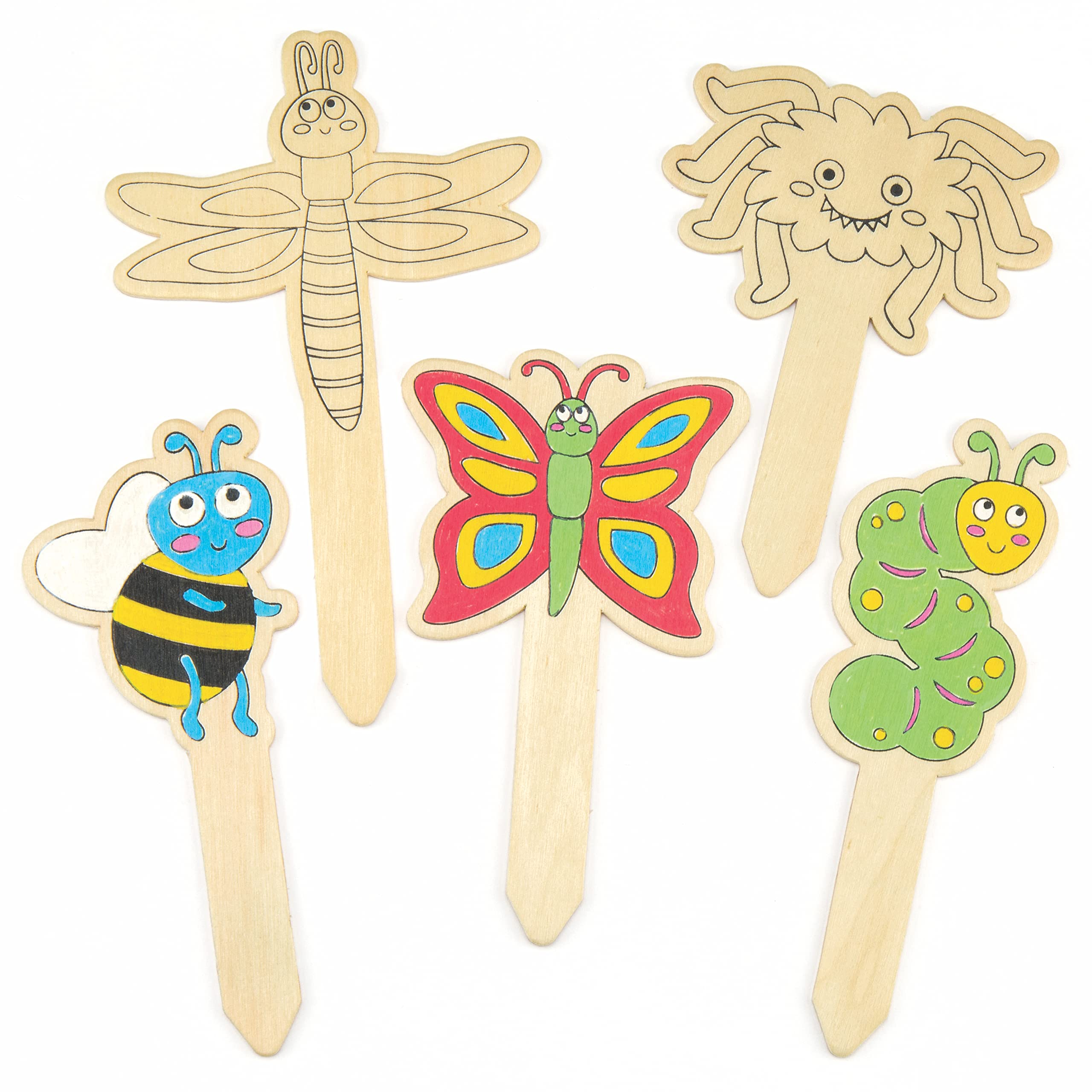 Baker Ross AR233 Bug Wooden Stakes - Pack of 10, Handy Lawn Decorations for Kids to Decorate and Gift
