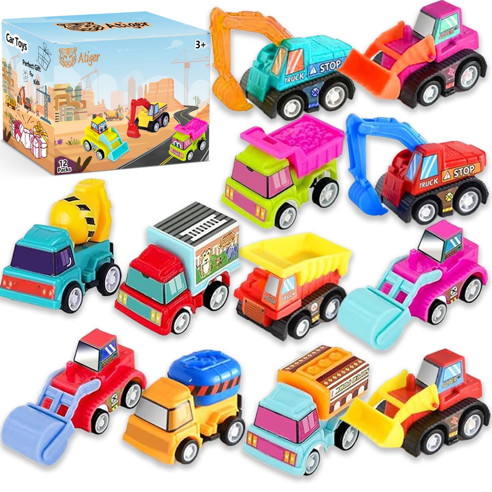 Easter Basket Stuffers for Kids Egg Fillers, 12pcs Pull Back Cars Truck Vehicles Set for Boys Girls, Mini Assorted Construction Vehicle Toy Party Favors, Potty Training Reward for Kids