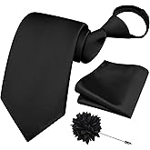 Branduce 3.15"(8cm) Pre-tied Adjustable Zipper Tie and Lapel Pin Solid Necktie Handkerchief Set for Men