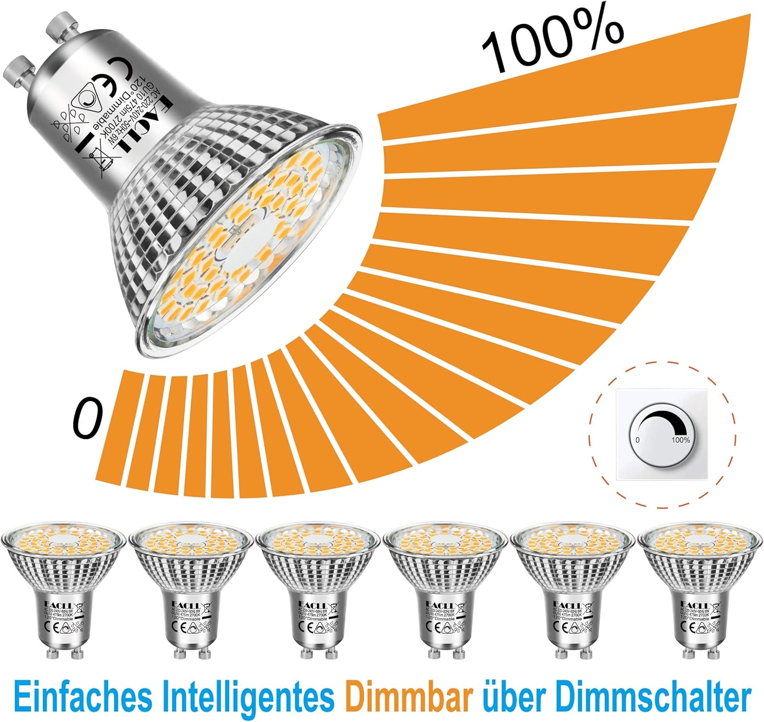 EACLL GU10 LED Bulbs Warm White Dimmable 6W 3000K Equivalent 80W Halogen, Pack of 6. 585 Lumen Energy Saving Light Source - Image 3