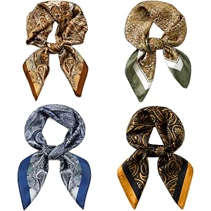 NoctisNest Western Silk Scarf for Men - 4 Pcs Vintage Bandana Paisley Square Neckerchief for Women Cowboy Accessories