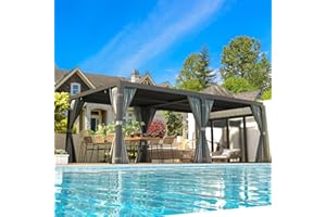 EROMMY 10x20FT Louvered Pergola Outdoor Sun Shade Shelter with Aluminum Frame and Adjustable Metal Rainproof Roof for Garden & Patio, Curtains and Netting Included, Gray-Black