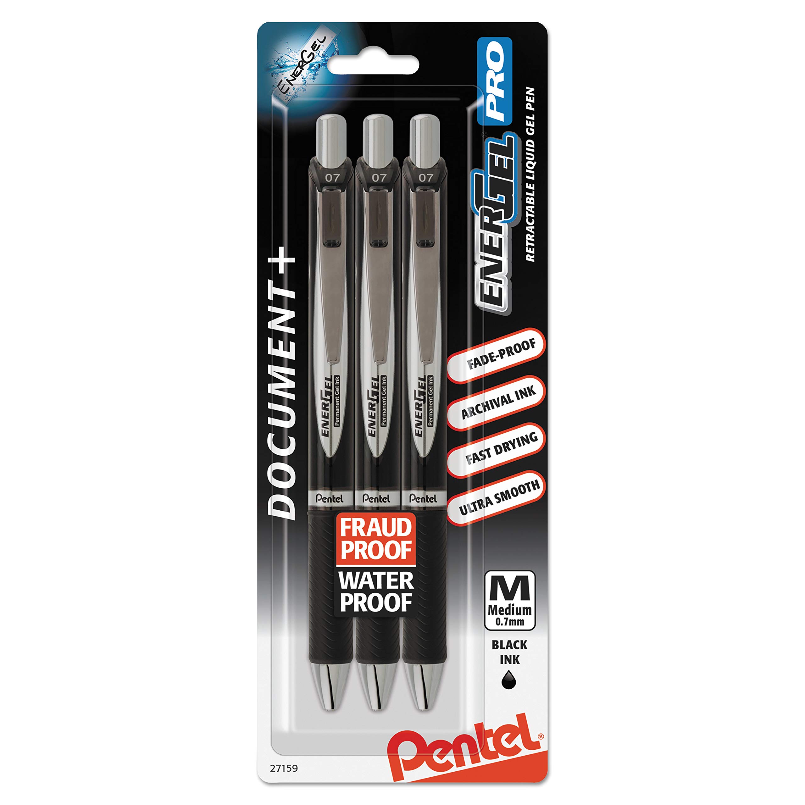 Photo 1 of Pentel EnerGel Pro Permanent Gel Ink Pen, (0.7mm) Black Ink, 3 Pack (BLP77BP3A)