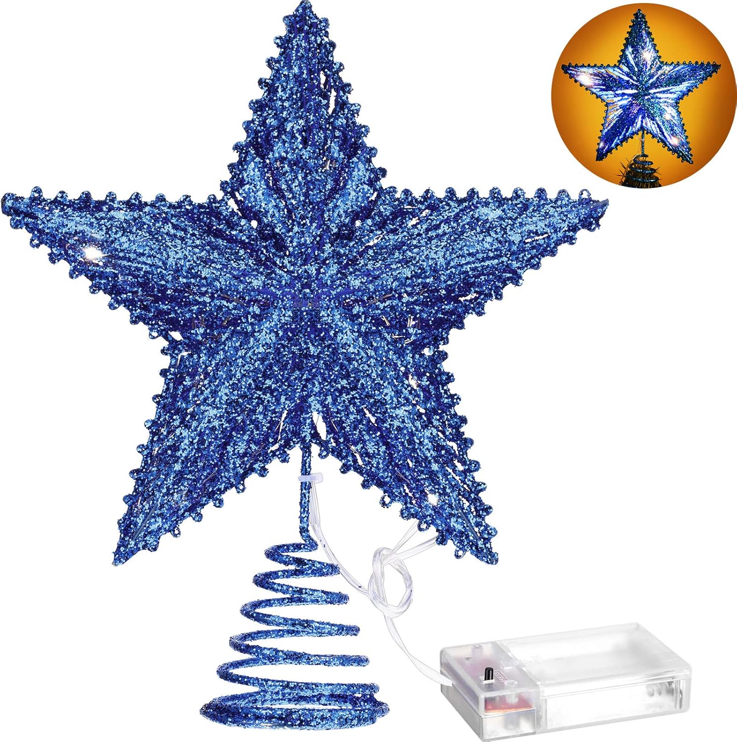 Tree Toppers - Aoriher 20 Light 10 Inches Christmas Star Tree Toppers Battery Operated Tree Topper with 20 Mini LED Lights for Christmas Holiday Seasonal Decoration (Blue)
