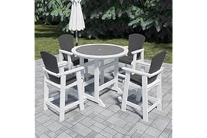 JURMALYN Outdoor High Top Table and Chairs Set Patio Bar Height Table Chairs Set for 4, 5 Pieces Tall Adirondack Bar Sets, HDPE Outdoor Furniture White&Grey