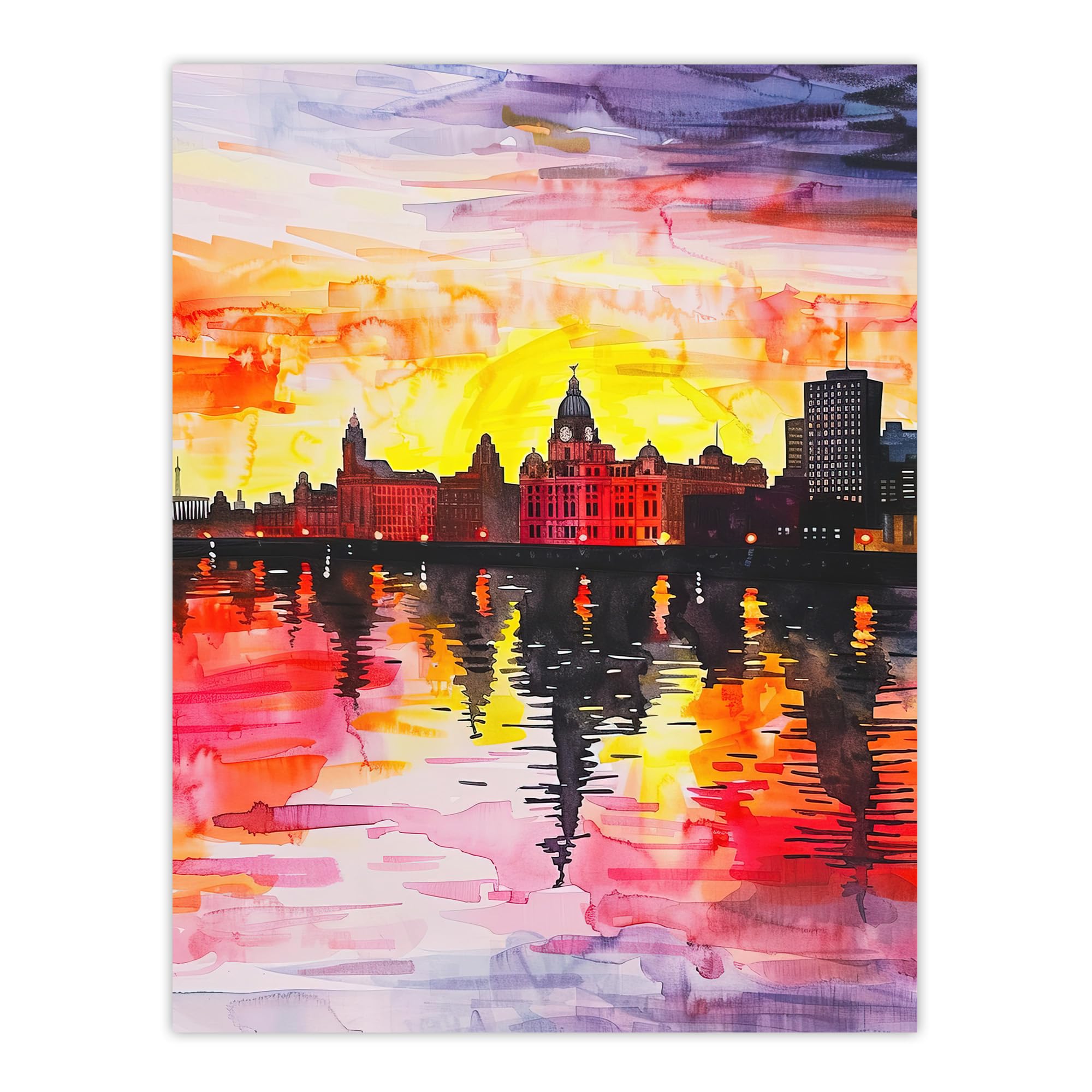 Artery8 Vibrant Liverpool City Waterfront Sunset Painting Living Room Large Wall Art Poster Print Thick Paper 18X24 Inch