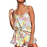Vettres Women's Vibrant Printed Pajamas Set 2 Piece Satin Lingeries Pjs Set Cami Shorts with Pockets Sleepwear