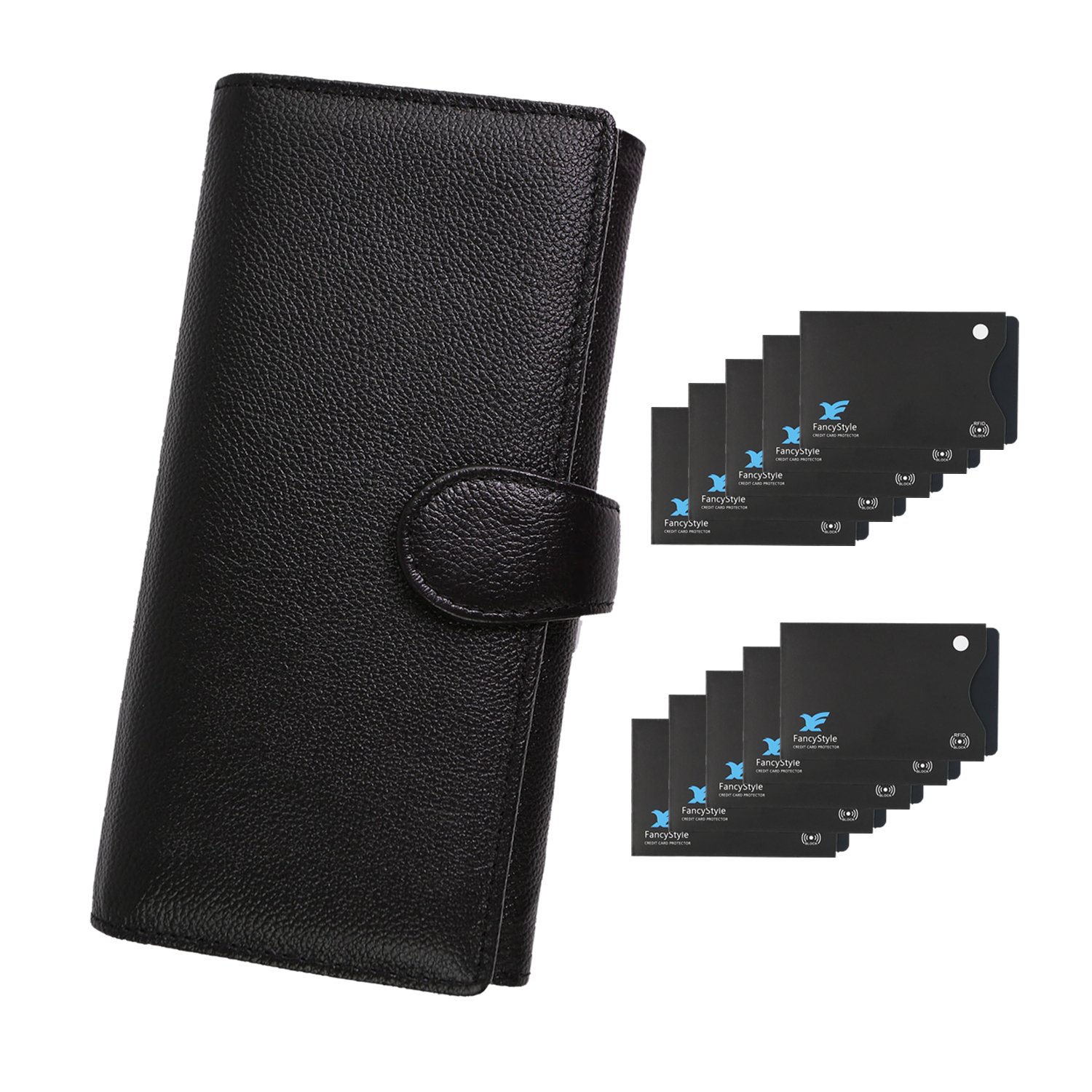 RFID Wallets for Women Leather Trifold Long Large Travel Clutch Purse with 10 Sleeves Black