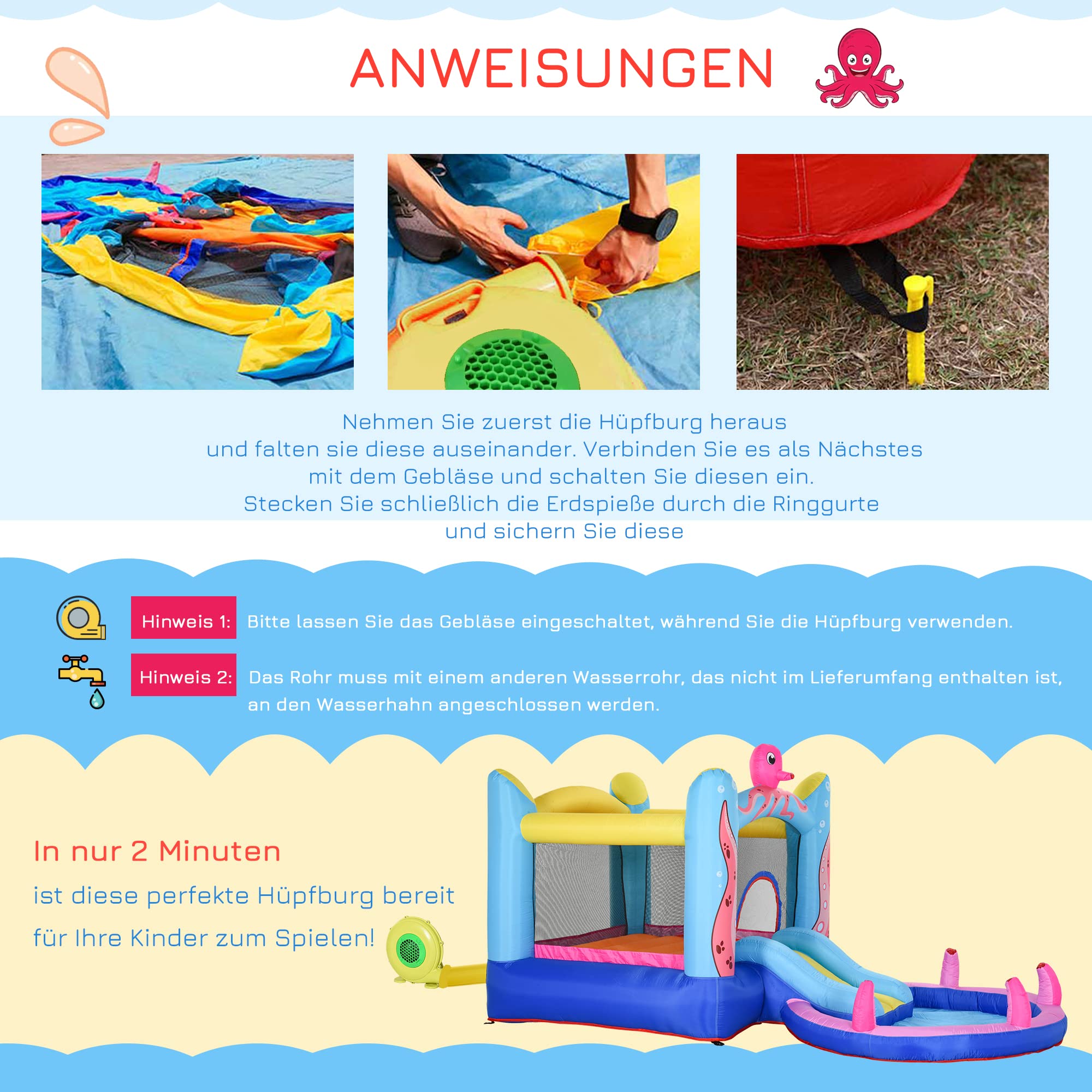 Outsunny Aufblasbare Hüpfburg mit Rutsche Springburg Spielburg Wasserpark für Kinder Trampolin aufblasbar Wasserrutsche Pool für 3-8 Jahre Oktopus-Muster Oxfordstoff 360 x 175 x 180 cm 5