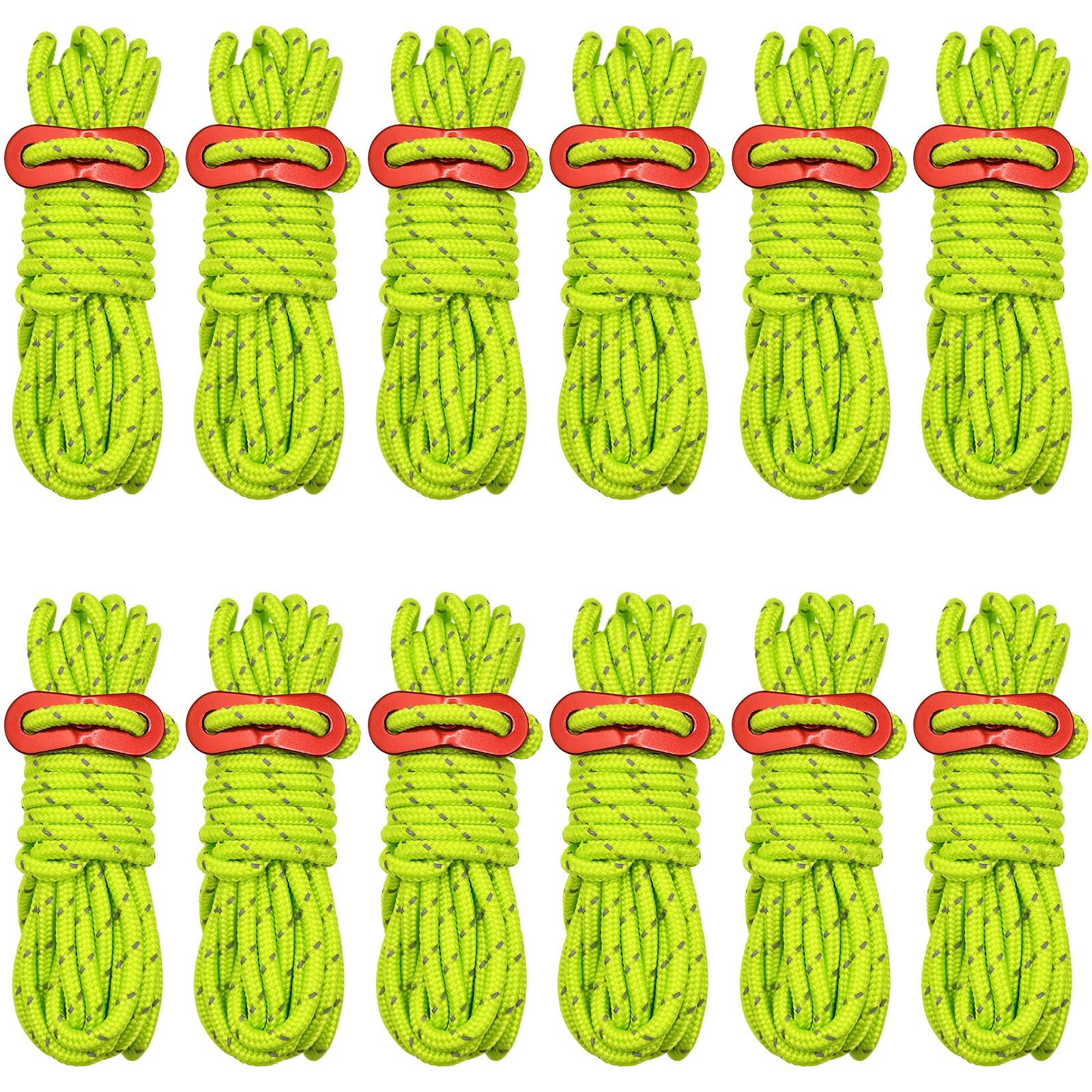 Abaigeal 12 Pcs 4MM Reflective Tent Guy Ropes, 4M /13FT Long Light-Weight Tent Guide Lines Cord Guy Ropes with Aluminum Tensioners Adjuster for Outdoor Camping Hiking Awning Tents Windproof