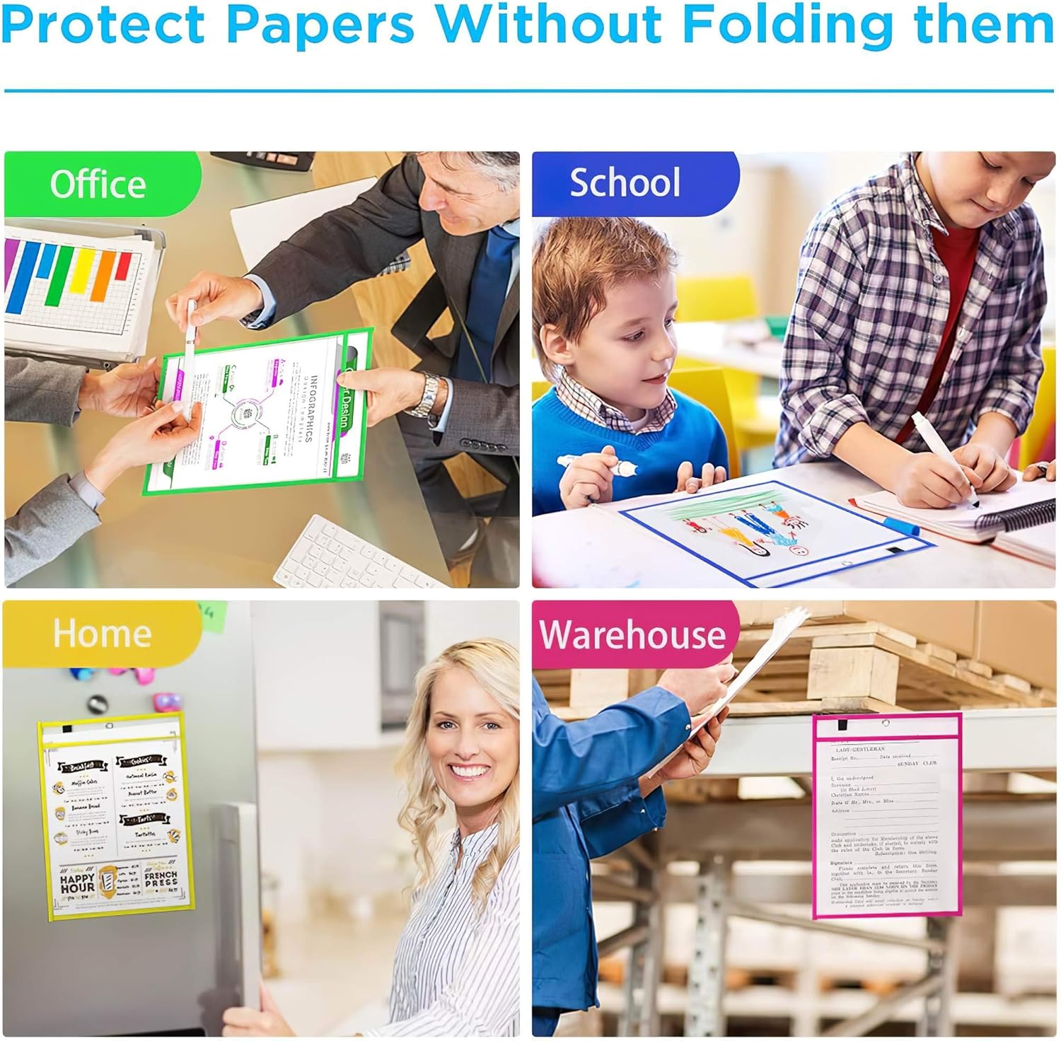 Puroma 35 Pack Dry-Erase Pockets Reusable Plastic Sleeves Assorted Colors Waterproof Pocket with 2 Rings for Classroom, School, Office, Home : Office Products