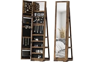 HOMCOM Mirror Jewelry Cabinet Armoire, 360° Swivel Lockable Standing Jewelry Organizer with Back Storage Shelves, Freestandin