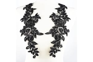 YOOGCORETT 1 Pair Black 3D Lace Embroidered Trim, Sew on Flower Bead Fabric Patches for Wedding Dress Decor DIY Sewing Clothing Applique 12.6" x 4.3"Inch