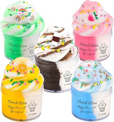 Petyuioyu Cloud Slime Kit 5 Pack Peach Rainbow Lemon Coffee Slime Charms