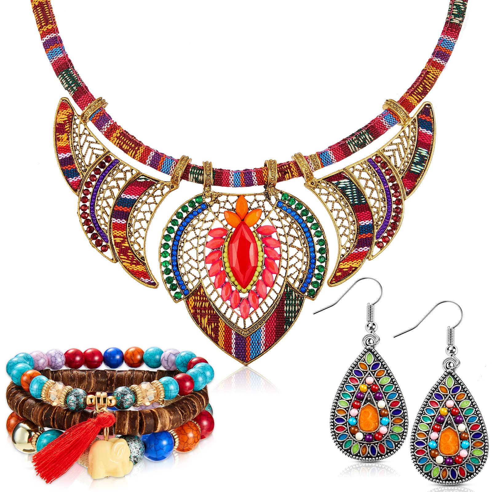 Hicarer Bohemian Jewelry Set Ethnic Style Tribal Choker Costume Necklace Multilayer Boho Stretch Beaded Bracelet Vintage Dangle Earrings for Women Girl Gift