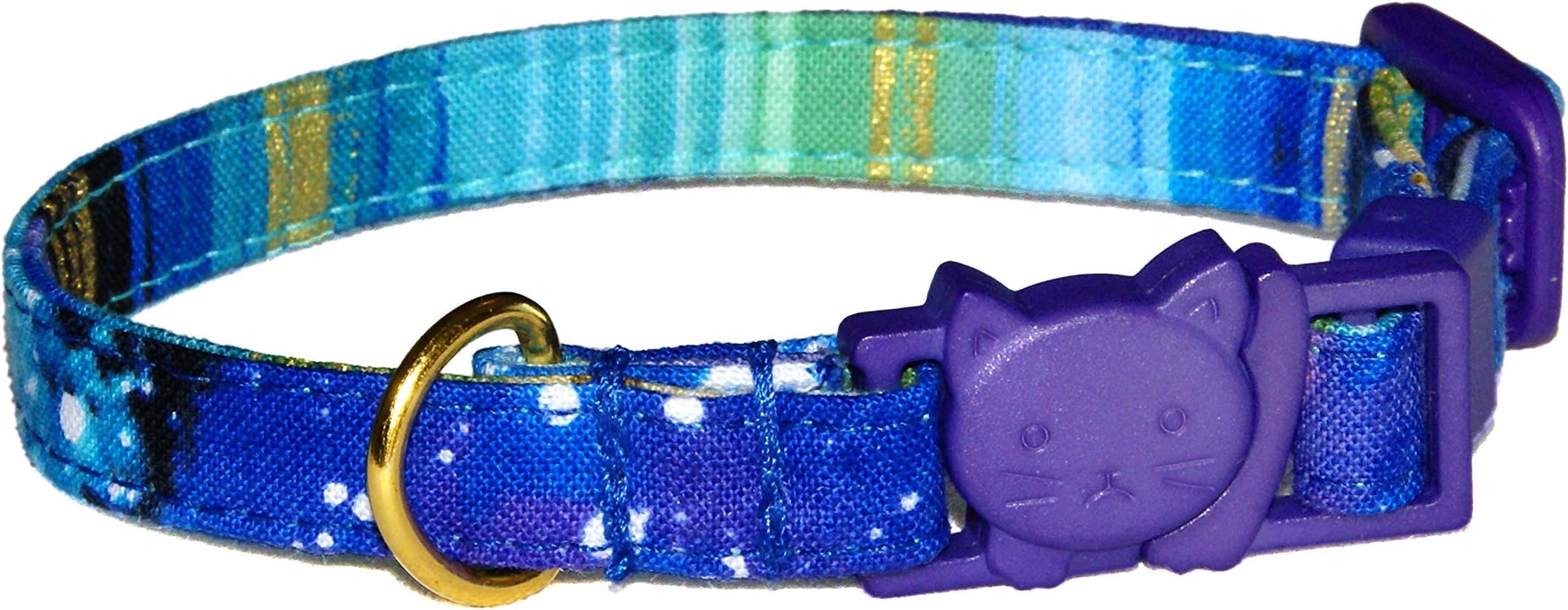 Galaxy Cat Collar - Outer Space Cosmos of Blue and Purple - 100% Cotton - 3/8 Inch Wide - 2 Sizes Adjusts 6 to 8.5 or 7.5 to 12 Inches - Breakaway Safety Buckle (Cat - 7.5 to 12 Inches)