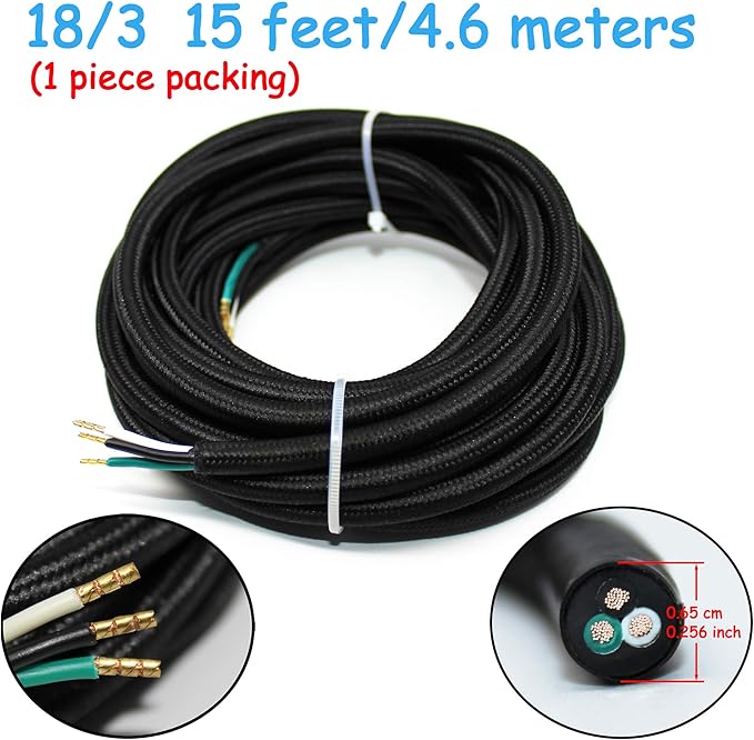 18/3 15Ft Vintage Electrical Wire Lamp Cord Rayon Covered Braided Black ...