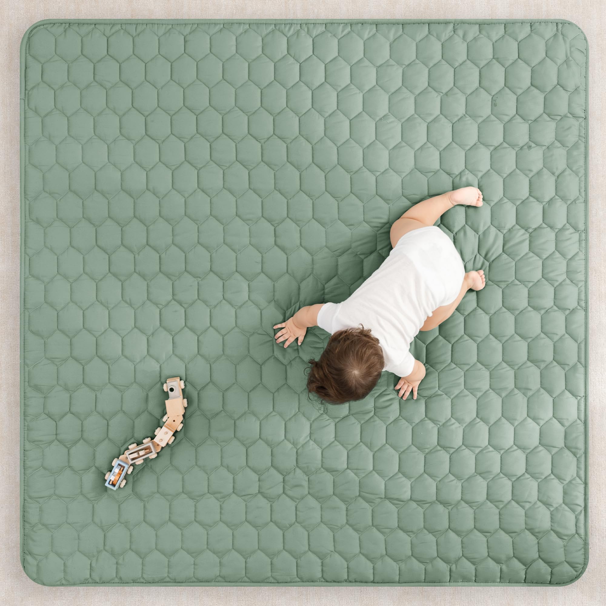Comfy Cubs Square Kids Play Mat - 56 x 56 inches Soft Quilted Baby Floor Mat with Non-Slip Bottom - Plush Design for Toddlers' Playtime and Relaxation - Comfortable and Durable - Fern