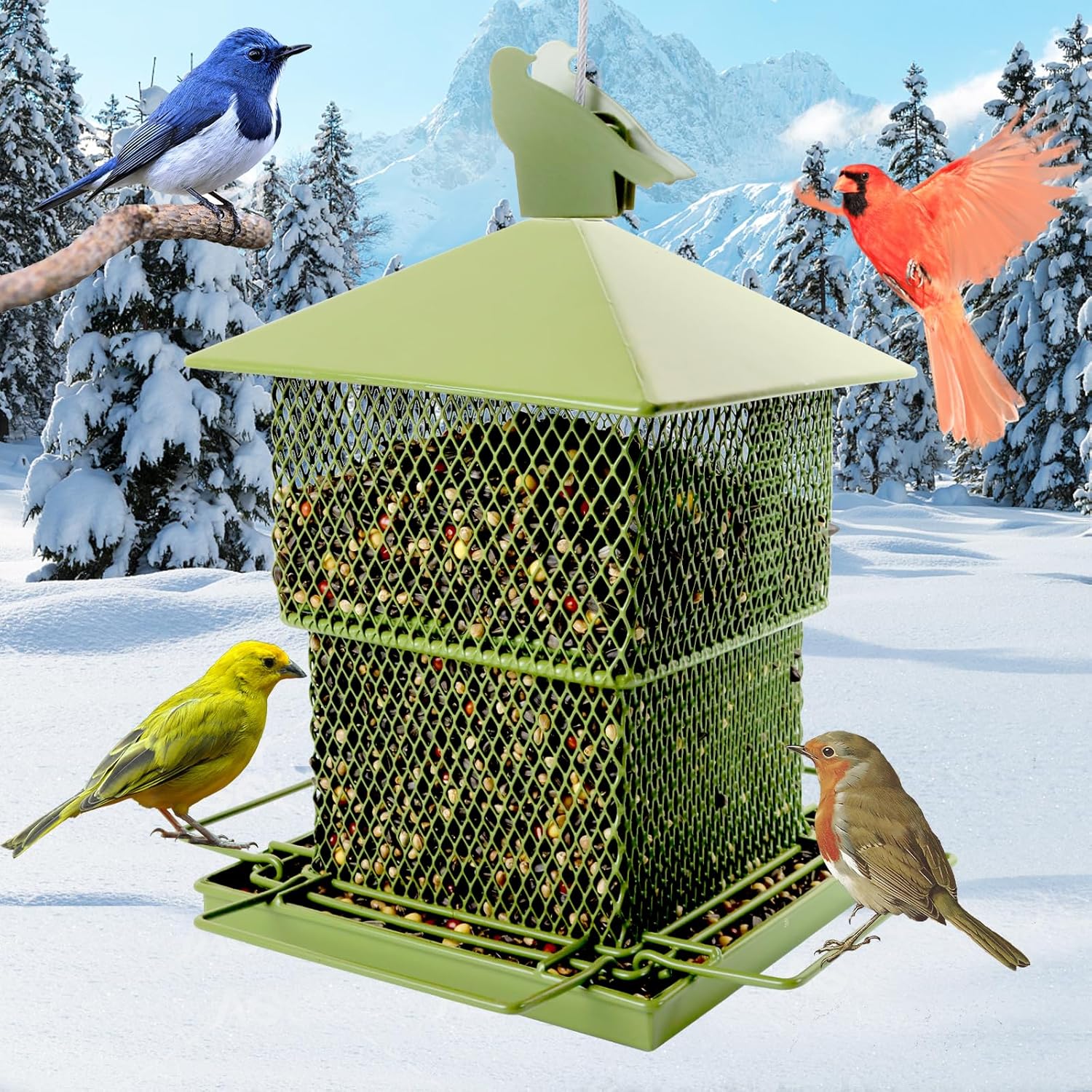 Backyard Birding & Wildlife - Bird Feeder for Outside Hanging Squirrel Proof Metal Wild Bird Feeder Retractable Outdoor Feeder with 6.2lb Large Capacity for Cardinal, Blue Jay, Finch, Sparrow(Light Green)