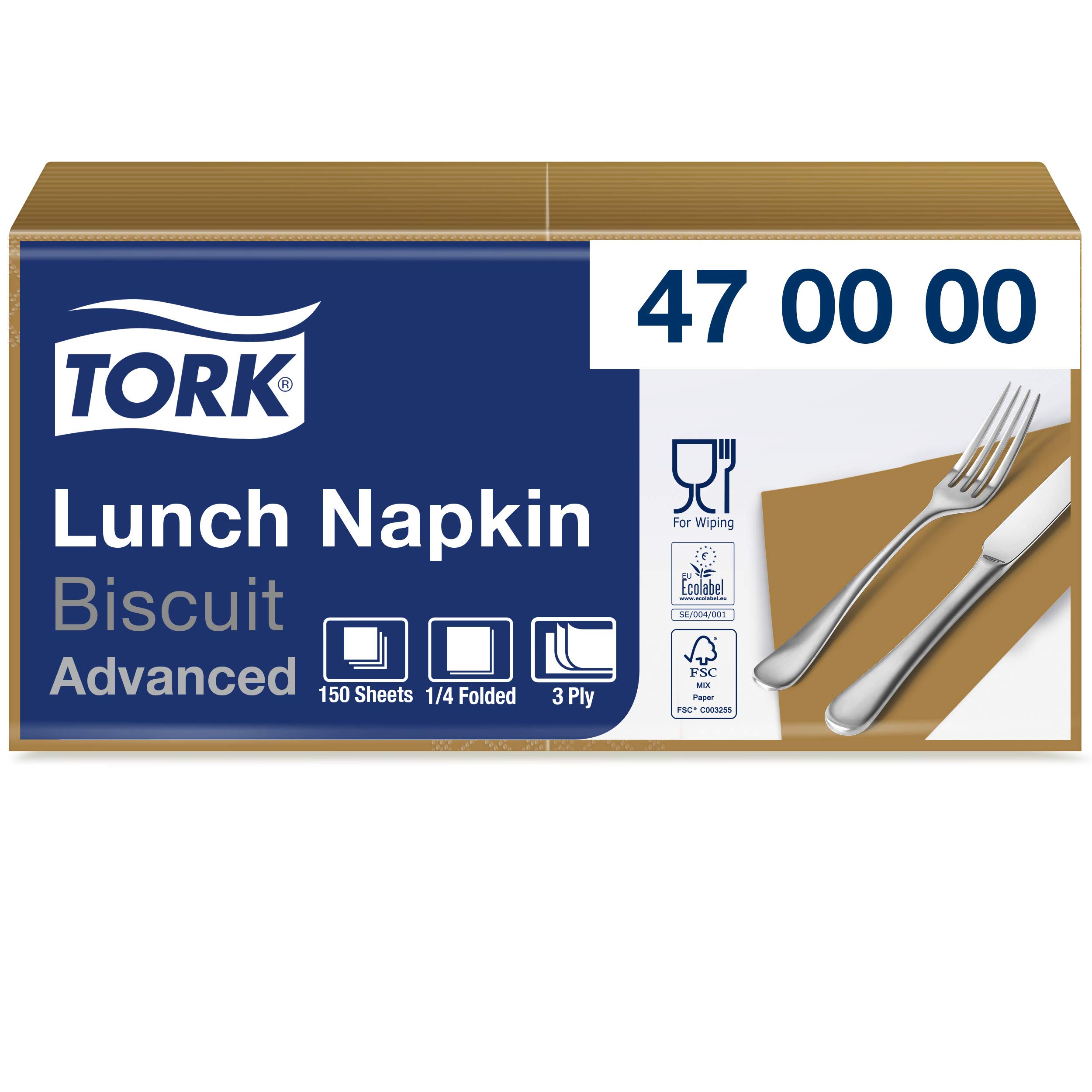 Tork 470000 Soft Biscuit Lunch Napkin / 3 Ply Advanced, Unprinted Serviette in Light Brown / 10 x 150 Sheets (WxL: 16.3cm x 16.5cm)