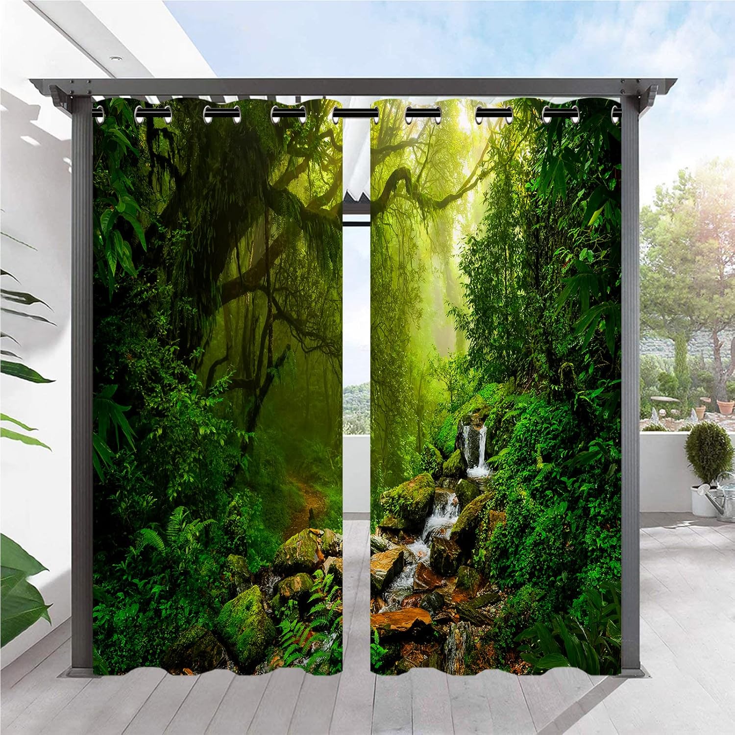 Outdoor Curtains - ANHOPE Outdoor Curtains Waterproof Grommet Outside Curtains with Tropical Rainforest Jungle Forest Print Pattern Privacy Window Drapes for Patio Gazebo Pergola Porch Cabana Deck 2 Panels 54 x 84 Inch