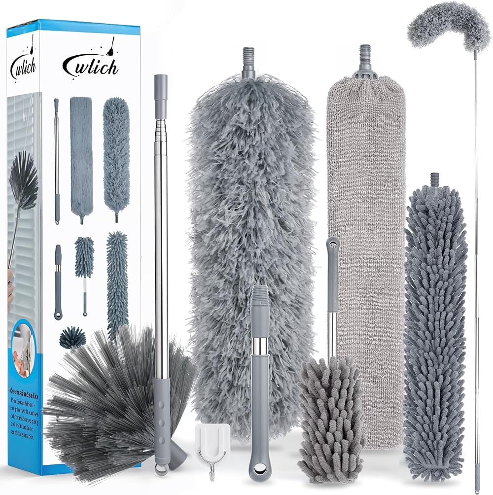 Wlich 8 PCS Microfiber Duster Set Telescopic 41-210 cm 250 cm Reach