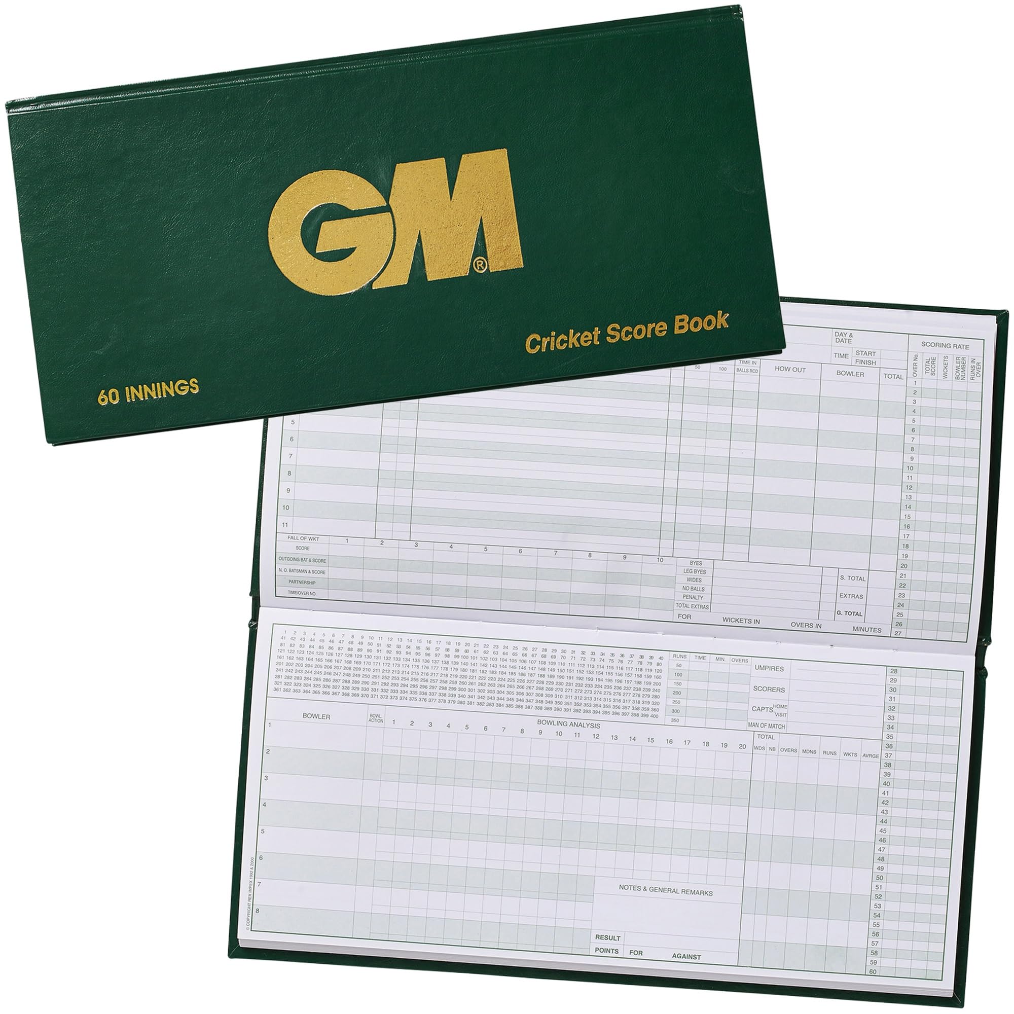Gunn & Moore GM | Cricket Scorebook | Bowling Analysis | Green with Gold GM Logo | 60 Innings