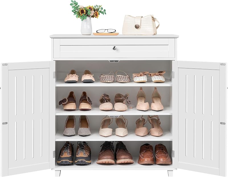 Yaheetech Wooden Shoe Cabinet with 1 Drawer 2 Doors 4-Tier White