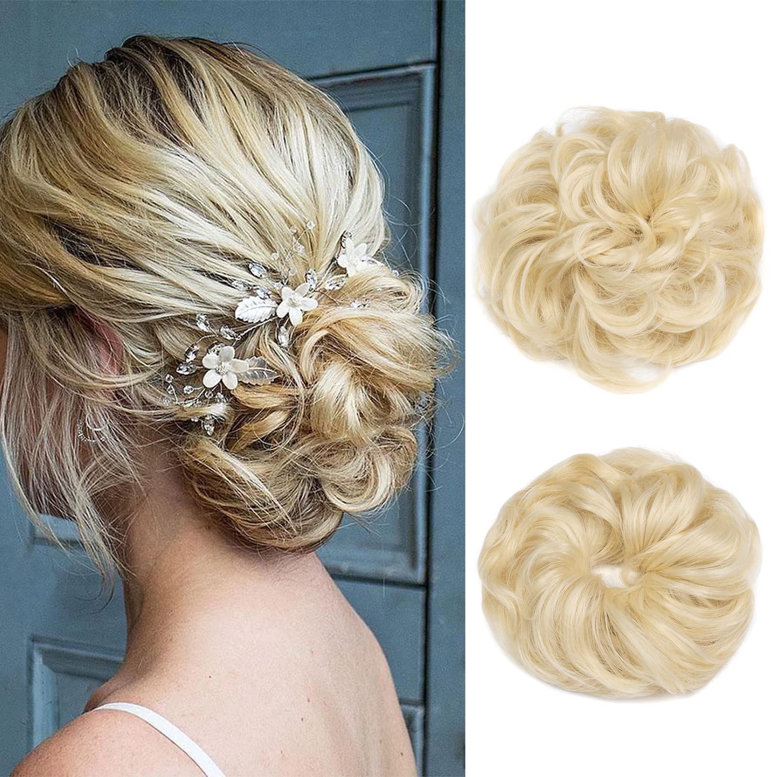 Gairyan Hair Scrunchies Hair Bun Hair Extensions Messy Bun Tousled Updo Curly Donut Hair Chignon Wavy Ponytail Hair Pieces for Women 40g (Bleach Blonde)