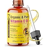 Seven Minerals Ultra Pure Vitamin E Oil - Full-Spectrum D-Alpha Tocopherol per 4 Oz Bottle - 100% Organic Vitamin E Oil for Skin, Face, Hair and Scars - Naturally Occurring=Not Synthetic.