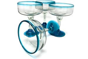 Mexican Hand Blown Glass – Set of 4 Hand Blown Margarita Glasses (16 oz) with Aqua Blue Rims