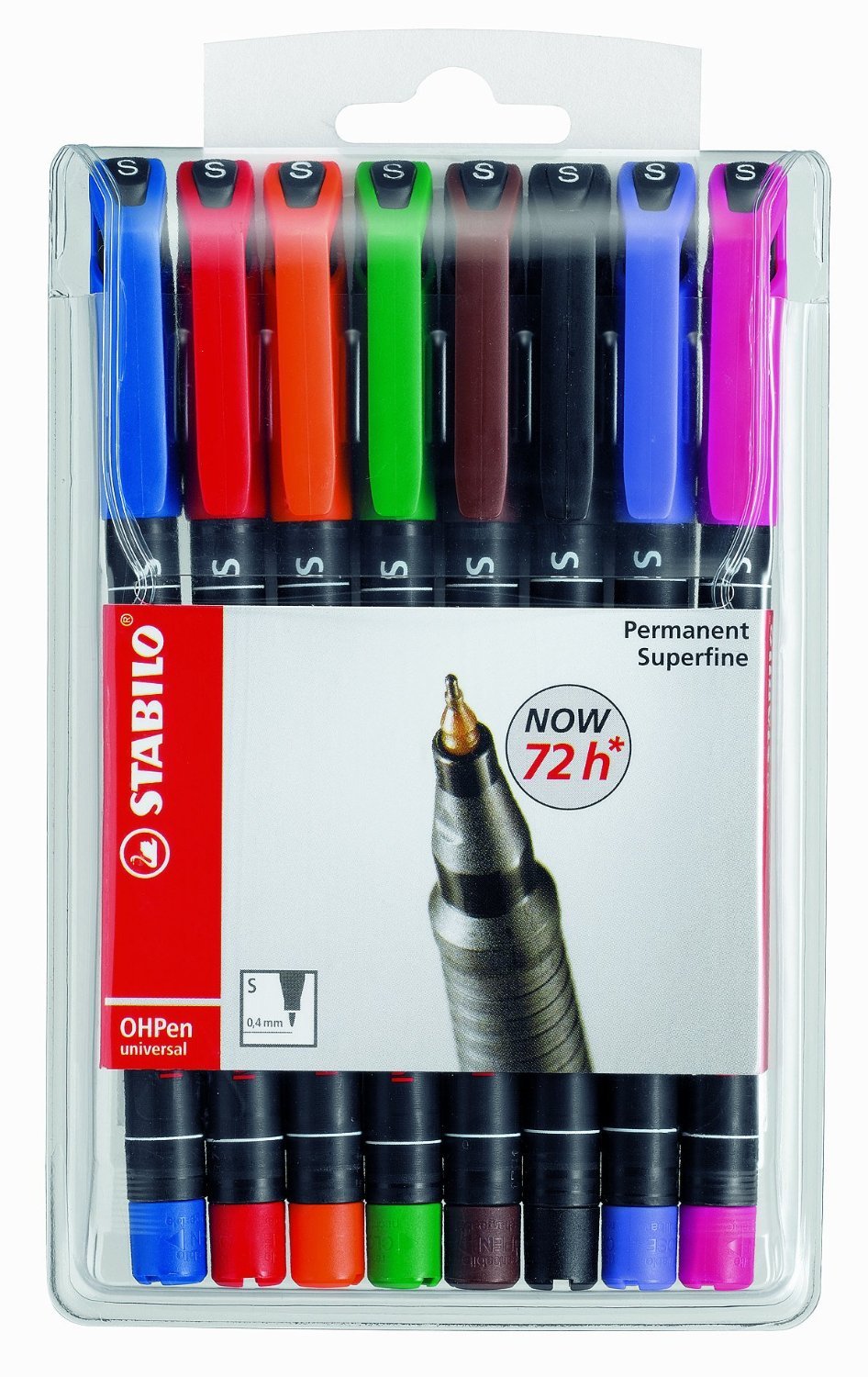 Stabilo Permanent OHP Pen. Super Fine. Assorted Colours Wallet Of 8 Contains 1 X Black, Blue, Brown, Green, Lilac, Orange, Red And Violet. Code 841/8