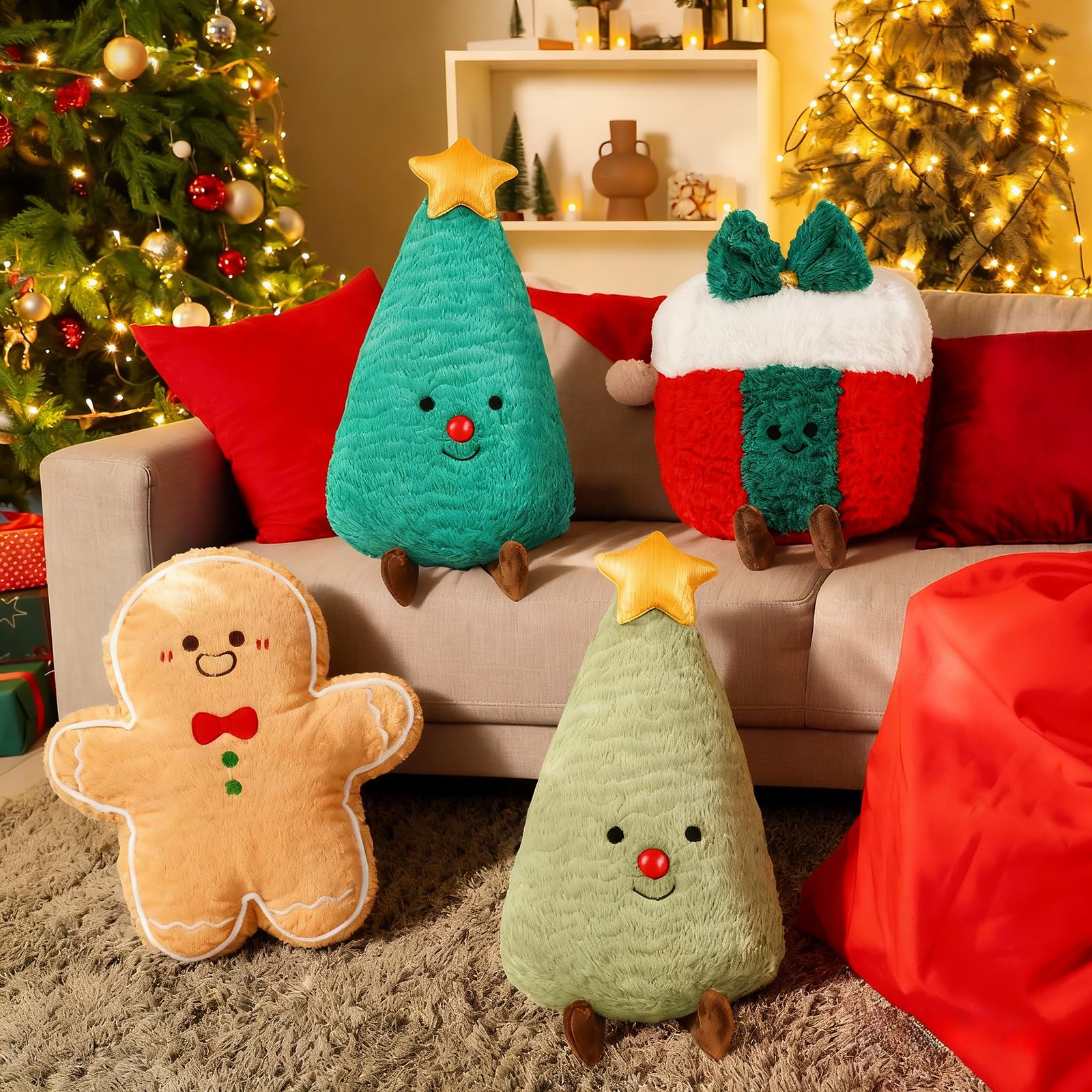 Photo 1 of 4pcs Christmas Throw Pillow Set Xmas Decoration Cute Xmas Tree Gingerbread Man Gift Box Shaped Plush Pillow Stuffed Merry Christmas Decorations for Winter Holiday Home Sofa Bed Couch Cushion Decor