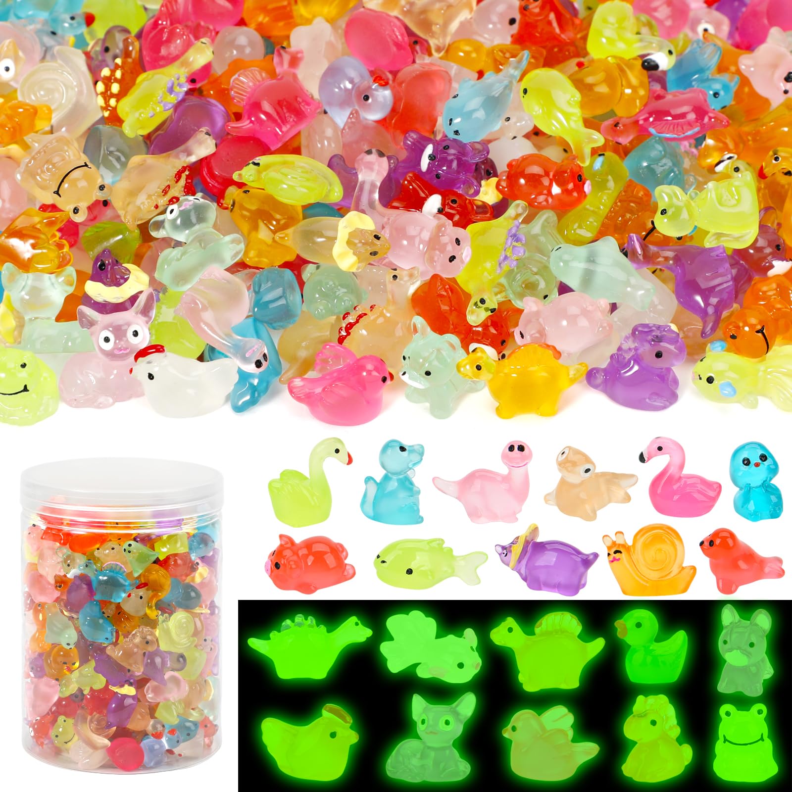 Photo 1 of 240 Pack Mini Resin Animals, Glow in The Dark Tiny Animals Figures to Hide Luminous Small Plastic Miniature Little Ducks Bulk for Office Home Garden Micro Landscape Aquarium Potted Dollhouse Decor