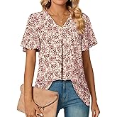 Anyally Women's Summer Dressy Chiffon Blouses V Neck Ruffle Short Sleeve Tunic Tops for Leggings Casual T-Shirts