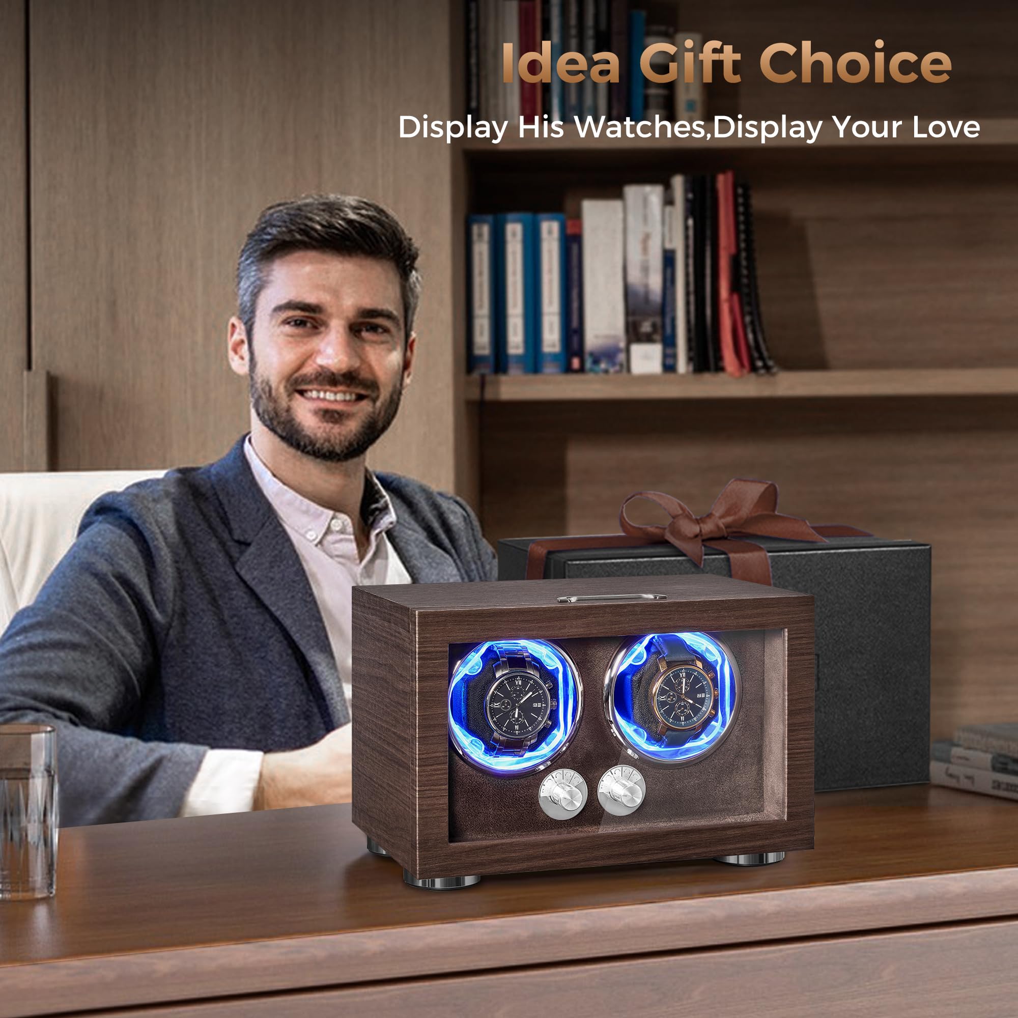 ANWBROAD ANWBROAD Double Watch Winder, Automatic Watch Winder for Automatic Watches, Dual Watch Winder Box with Type-C Port Adapter, 4 Modes, Quiet Motor, LED Light, UJWW004M