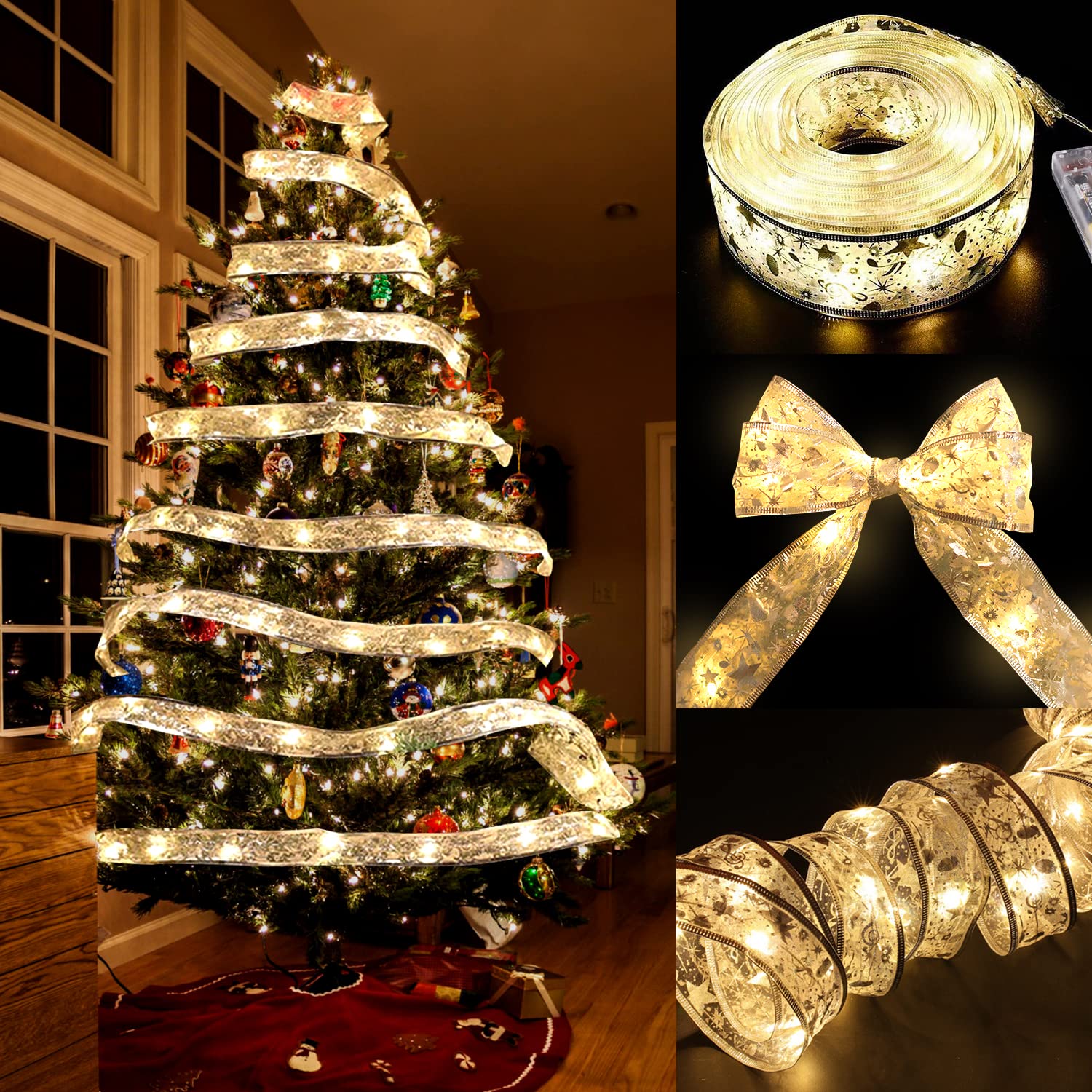 DTYDECLE Christmas Ribbon Lights, 13ft 40 Light Sliver Warm Christmas Fairy Light Xmas String Light Up Ribbon Bows for Indoor Xmas Holiday Party Decoration Supplies