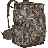 OUUTMEE Hunting Backpack with Waterproof Rain Cover, Self Standing Hard Bottom, 50L Camo Hunting Day Pack for Bow Rifle Gun